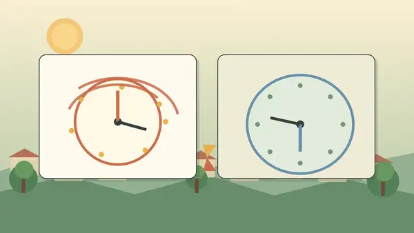 Two clocks side by side on a quiet hillside, one with racing hands and one with slower hands